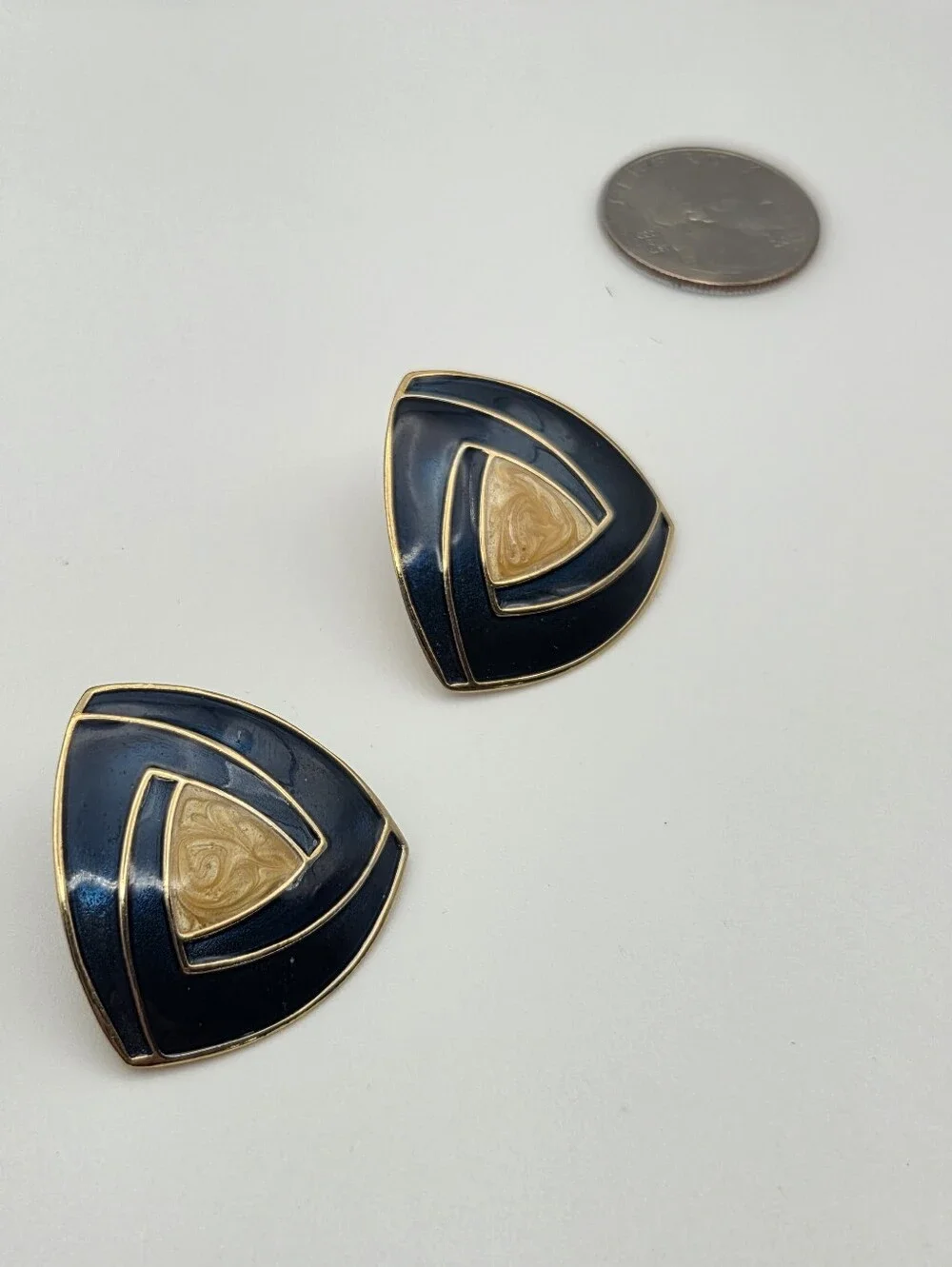Vintage 1980s Navy & Gold Tone Geometric Statement Earrings